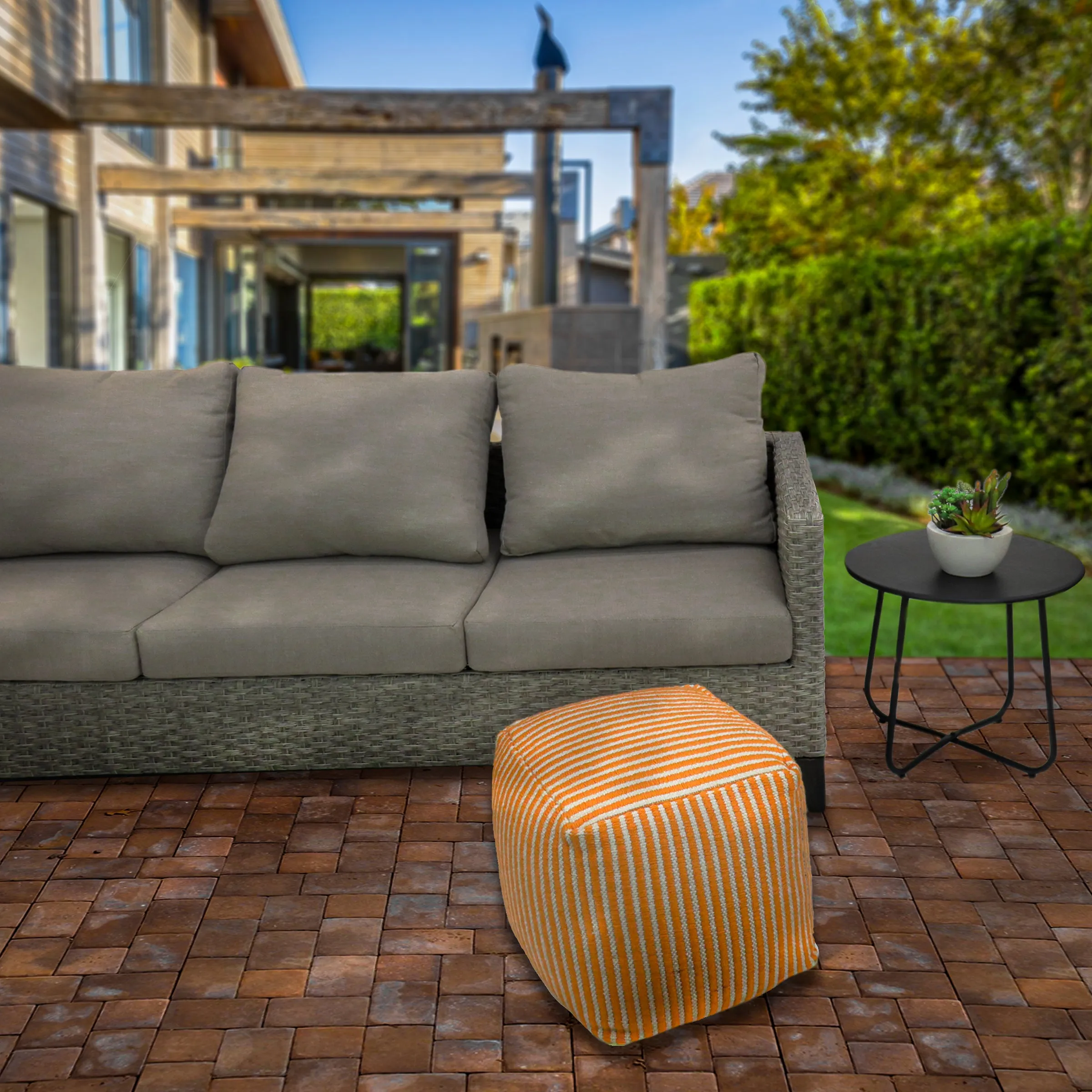 16" Hand Woven Pouf Ottoman, Papaya