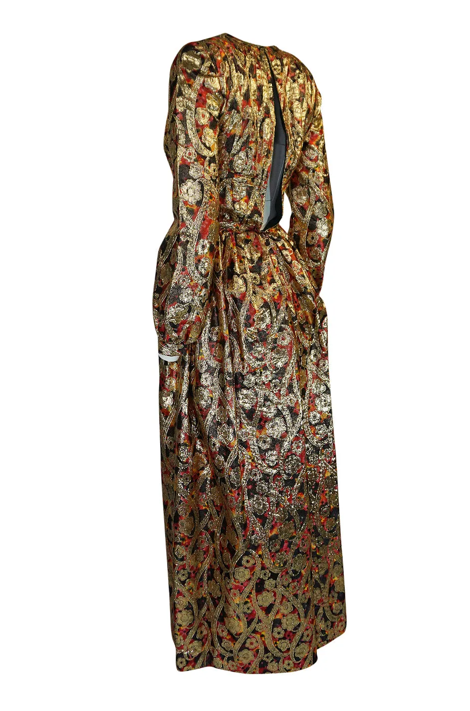 1960s Pat Sandler Metallic Gold & Coral Floral Print Full Length Dress