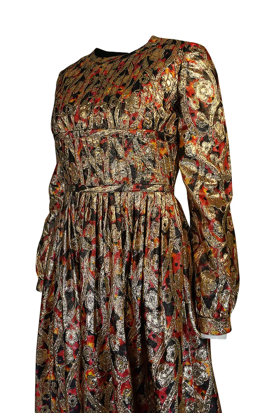 1960s Pat Sandler Metallic Gold & Coral Floral Print Full Length Dress