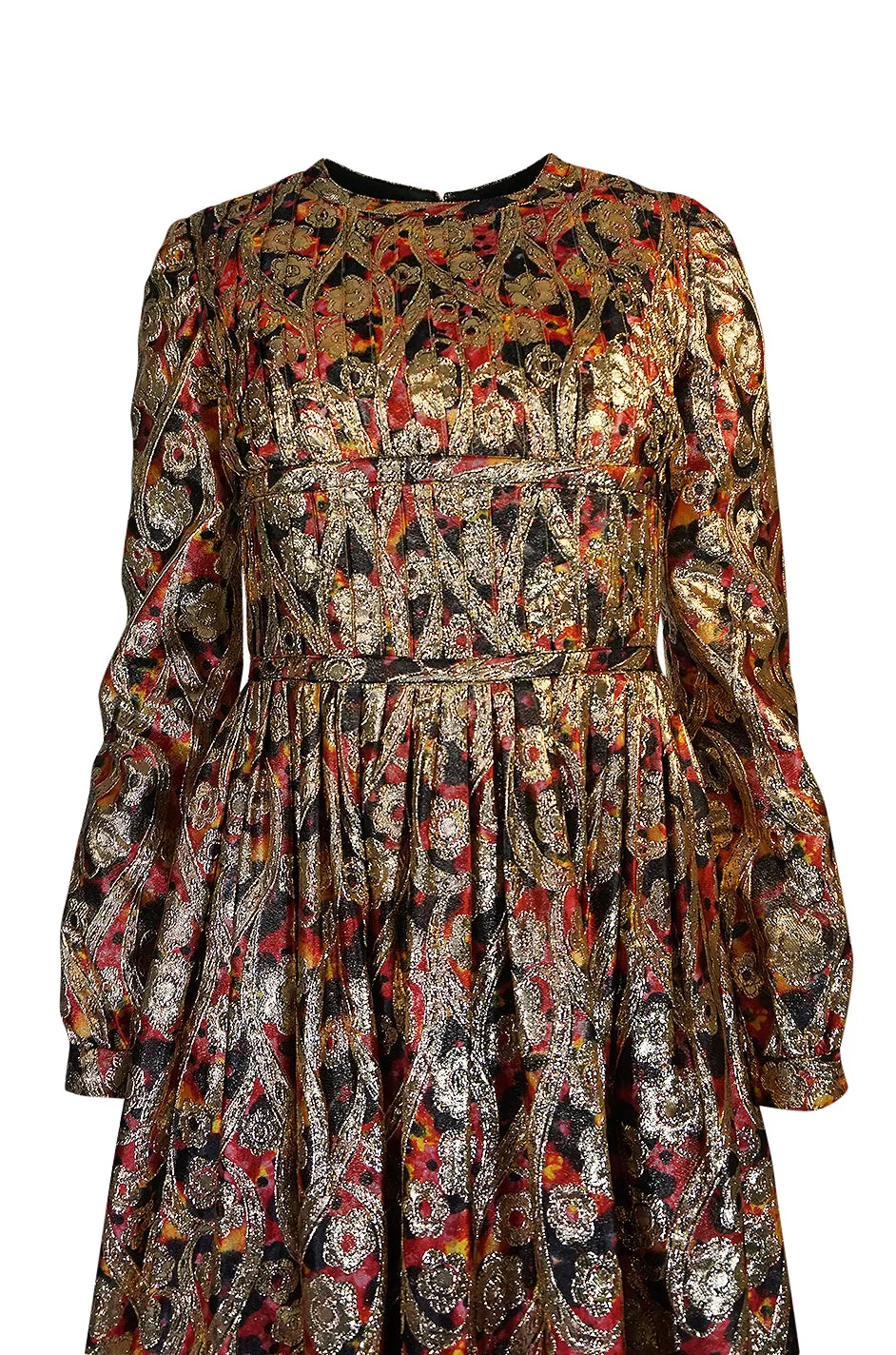 1960s Pat Sandler Metallic Gold & Coral Floral Print Full Length Dress
