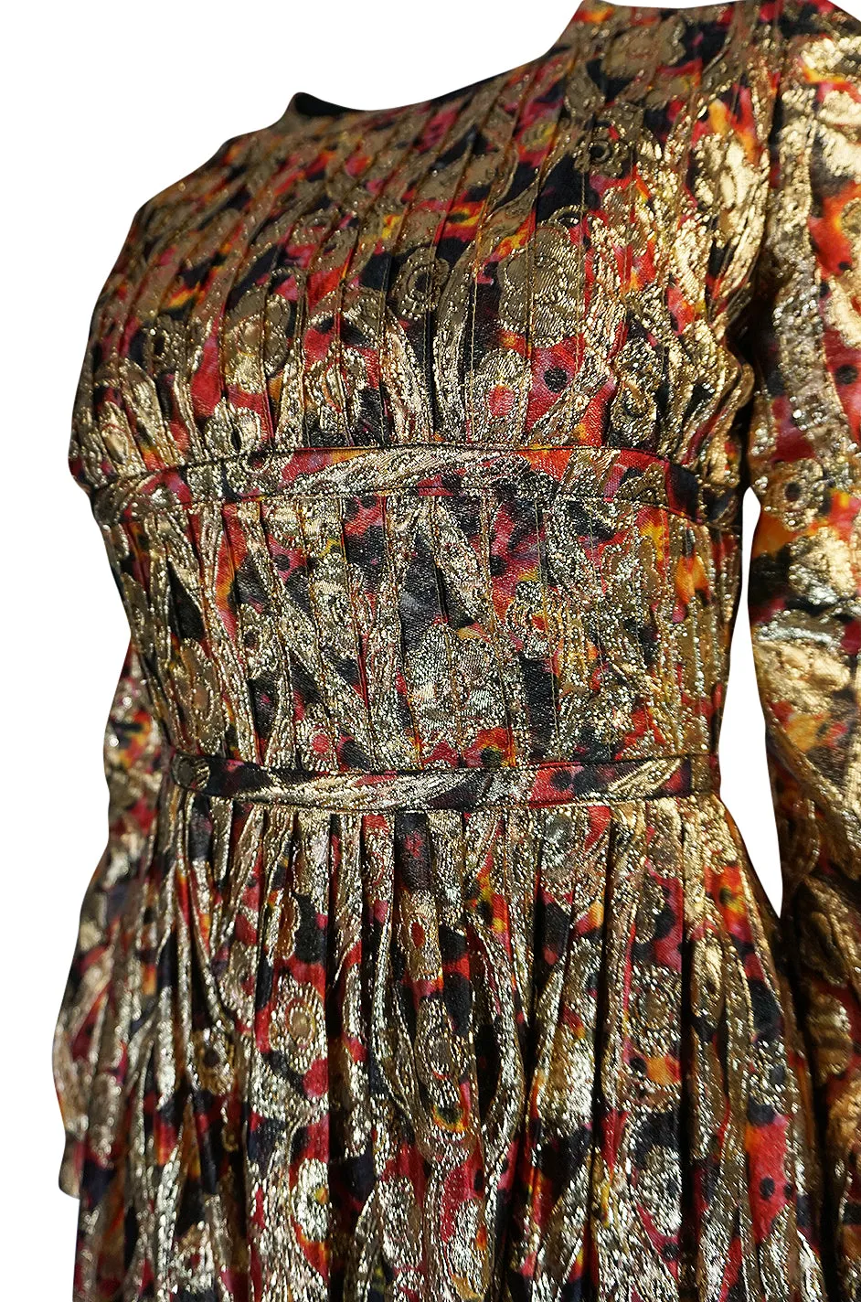 1960s Pat Sandler Metallic Gold & Coral Floral Print Full Length Dress