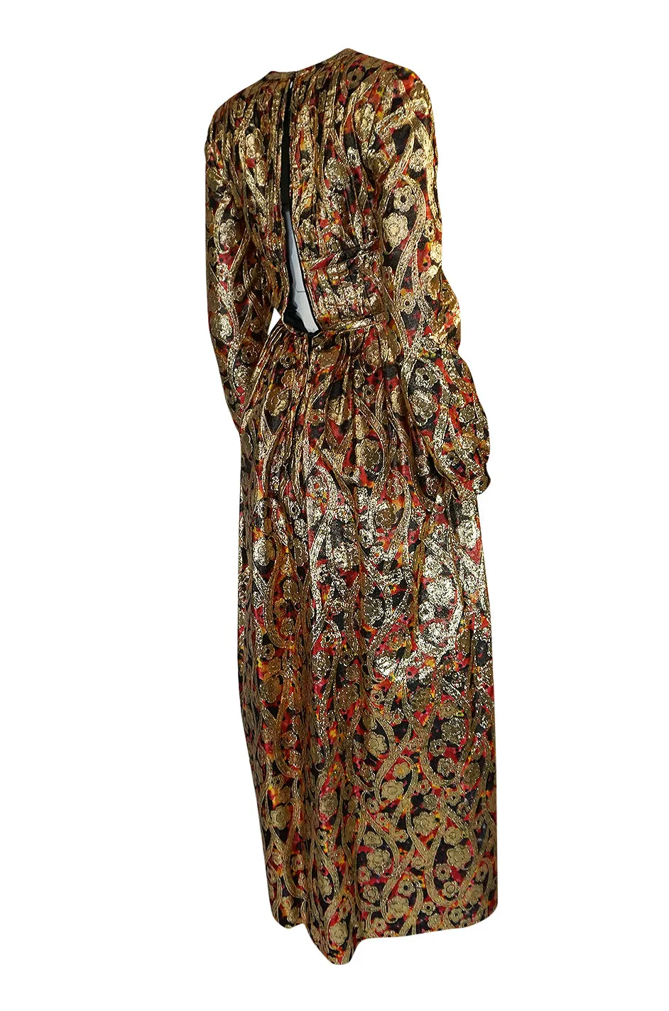 1960s Pat Sandler Metallic Gold & Coral Floral Print Full Length Dress