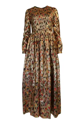 1960s Pat Sandler Metallic Gold & Coral Floral Print Full Length Dress