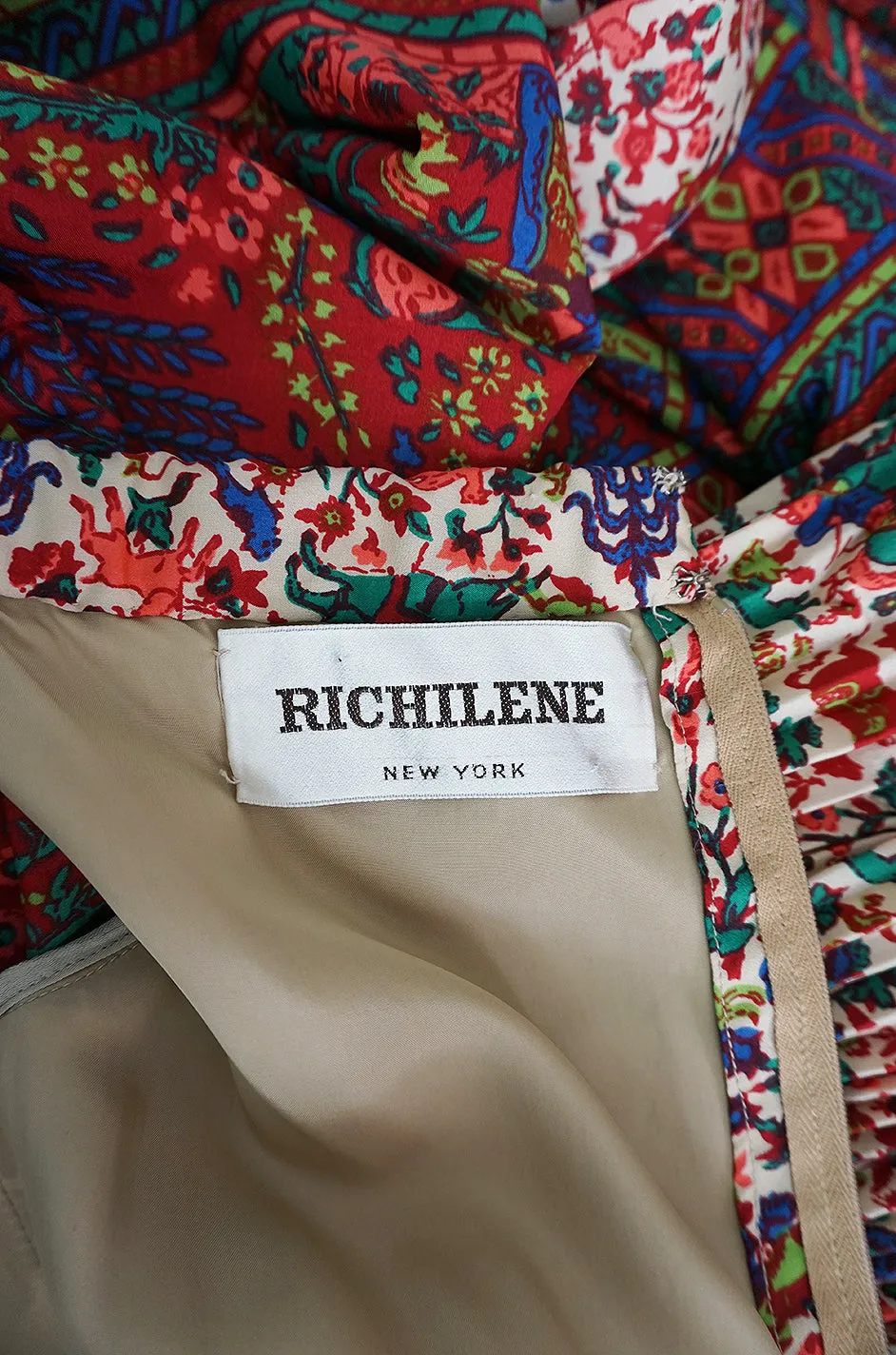 1960s Richilene Off Shoulder Pouf Sleeve Bohemian Printed Silk Dress