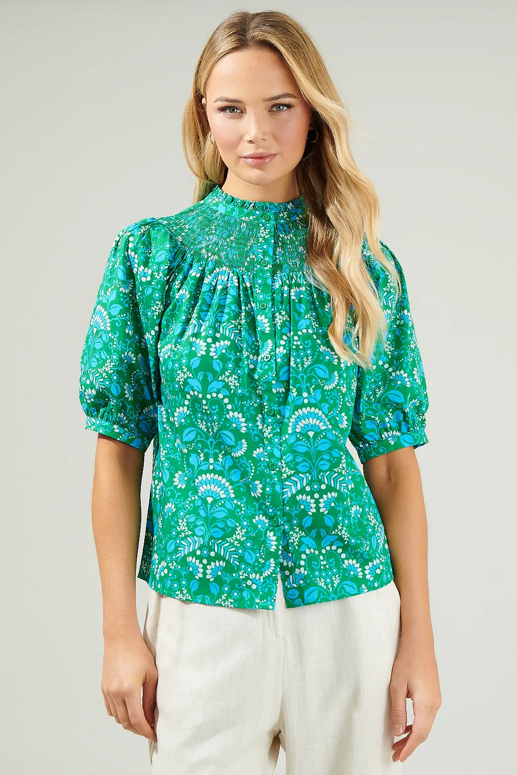 Alina Floral Smocked Mock Neck Top