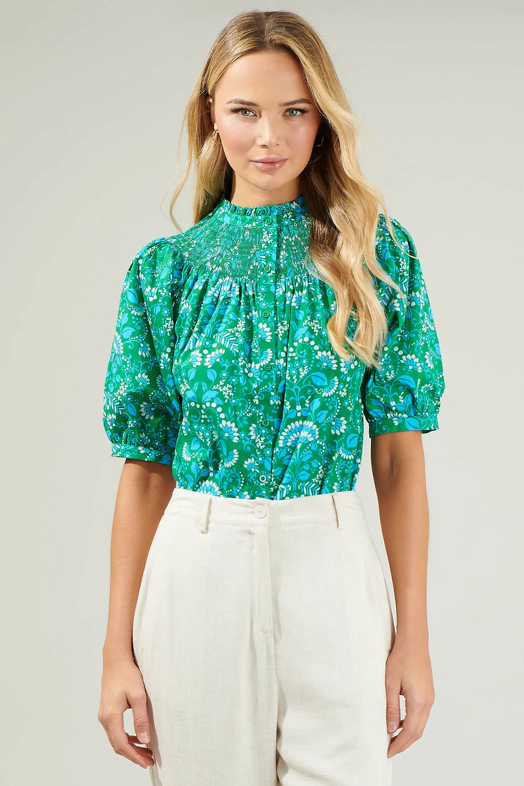 Alina Floral Smocked Mock Neck Top