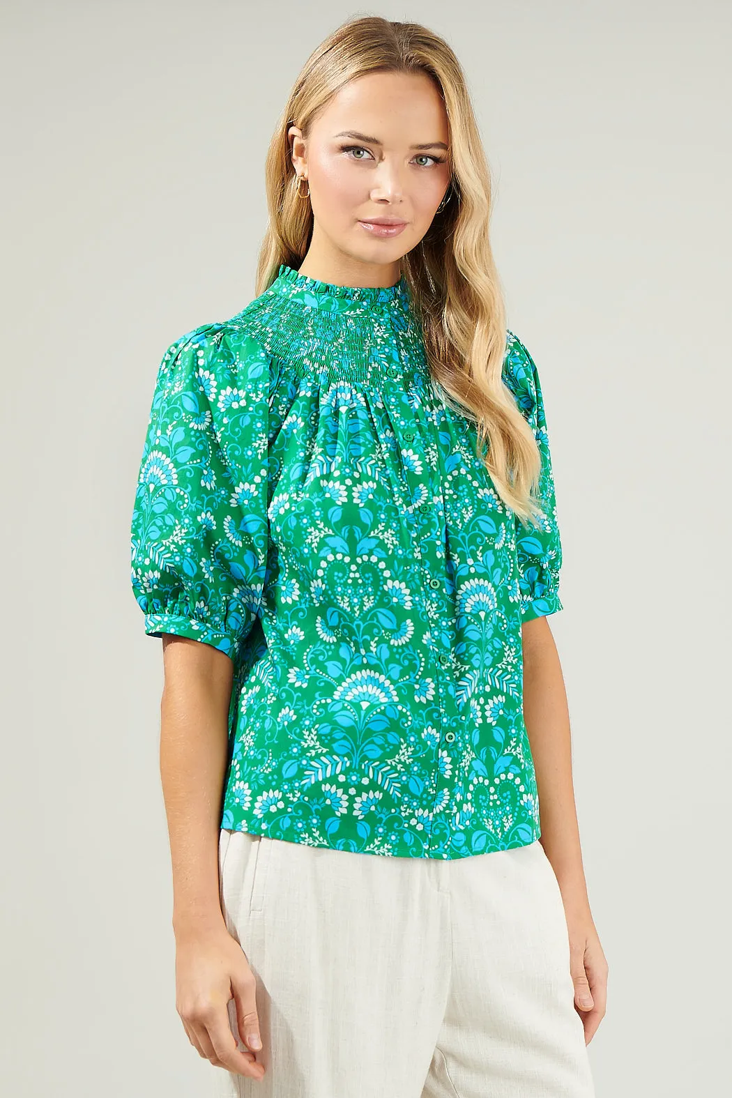 Alina Floral Smocked Mock Neck Top