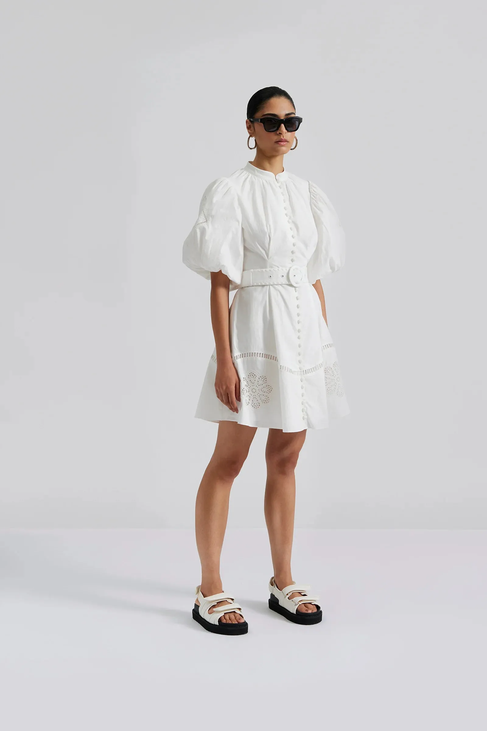 Allie Pouf Sleeve Embroidered Mini Dress - White