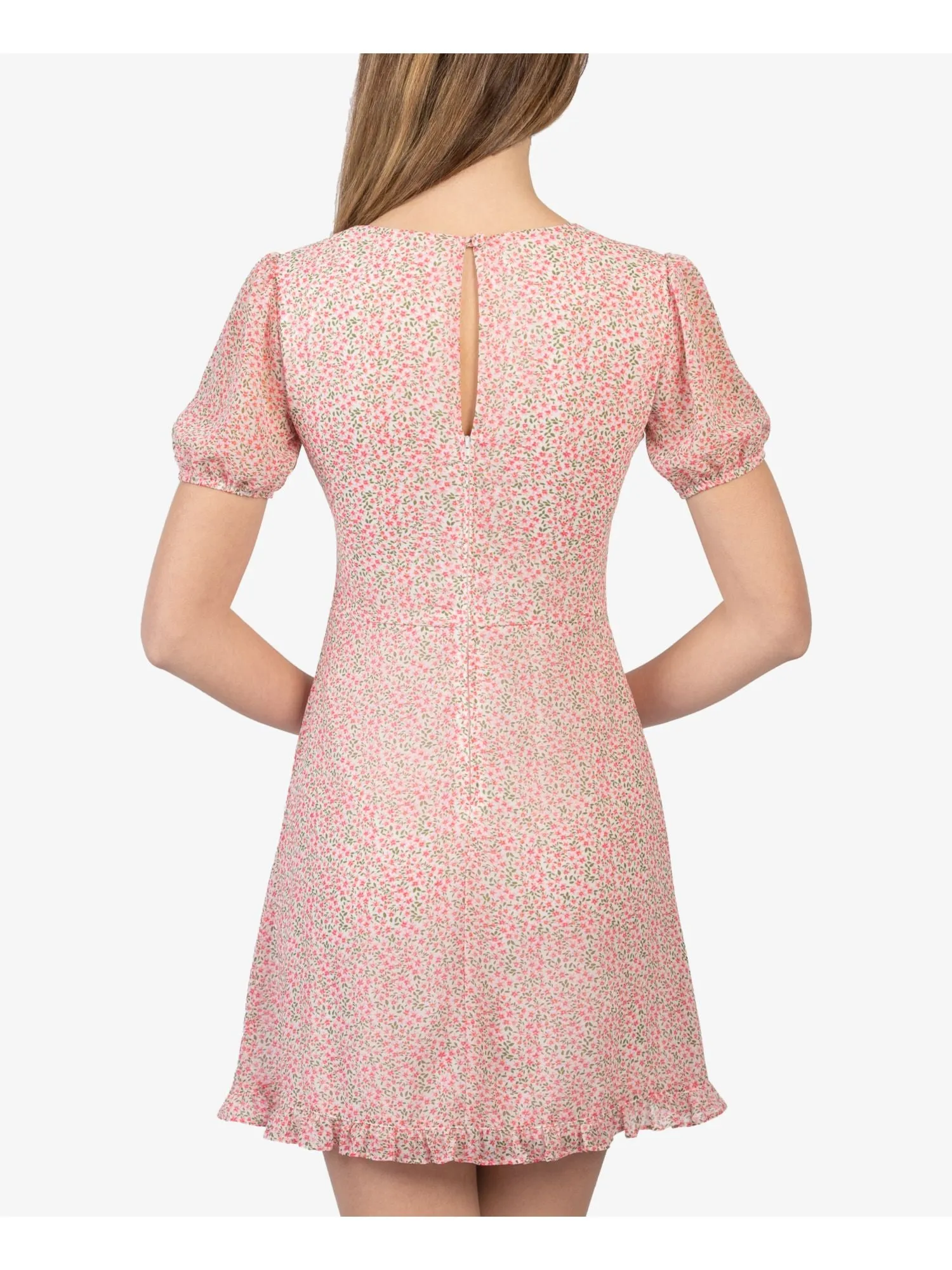 B DARLIN Womens Zippered Floral Pouf Sleeve V Neck Short Party Fit   Flare Dress