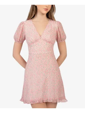 B DARLIN Womens Zippered Floral Pouf Sleeve V Neck Short Party Fit   Flare Dress