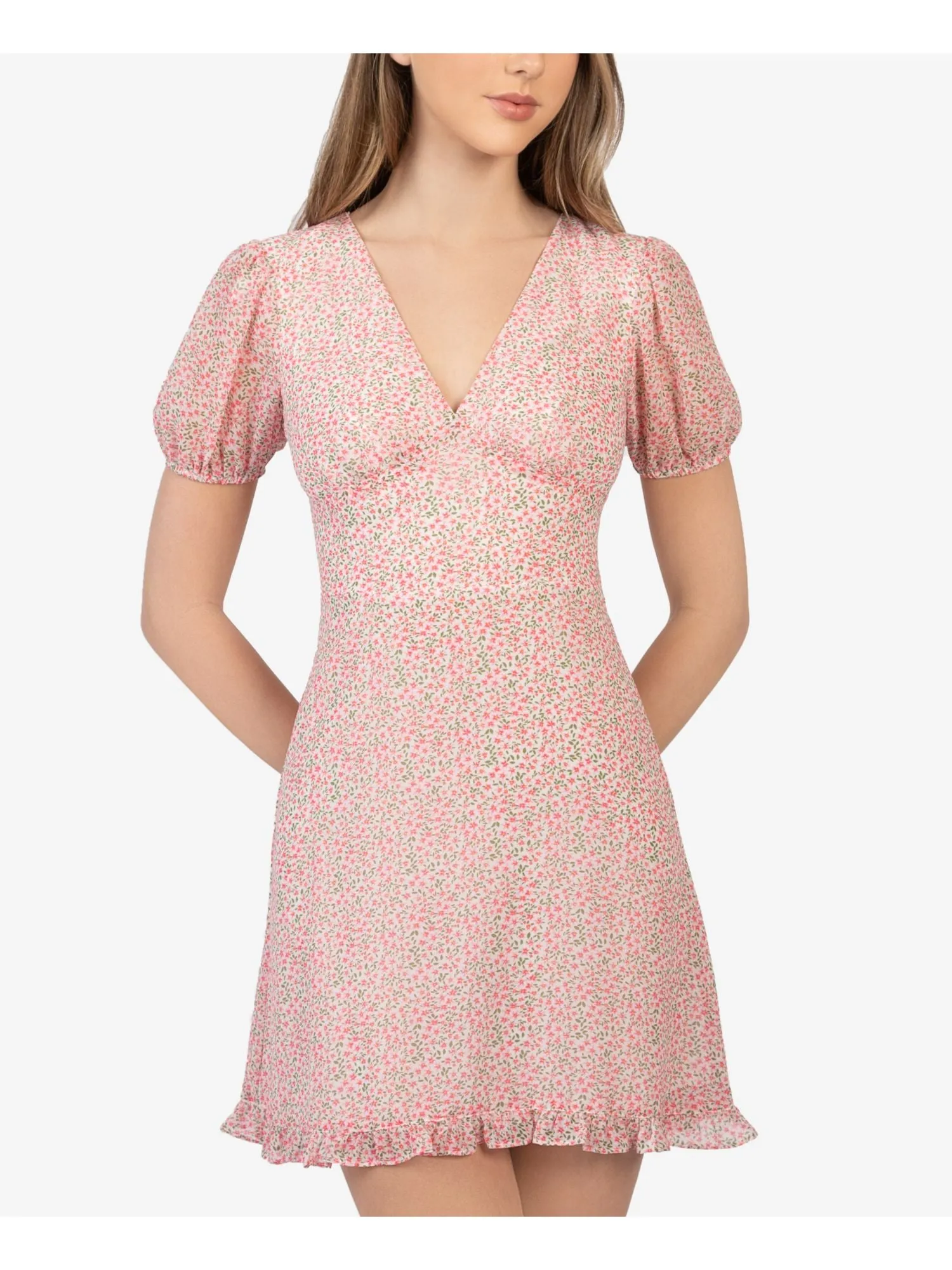 B DARLIN Womens Zippered Floral Pouf Sleeve V Neck Short Party Fit   Flare Dress