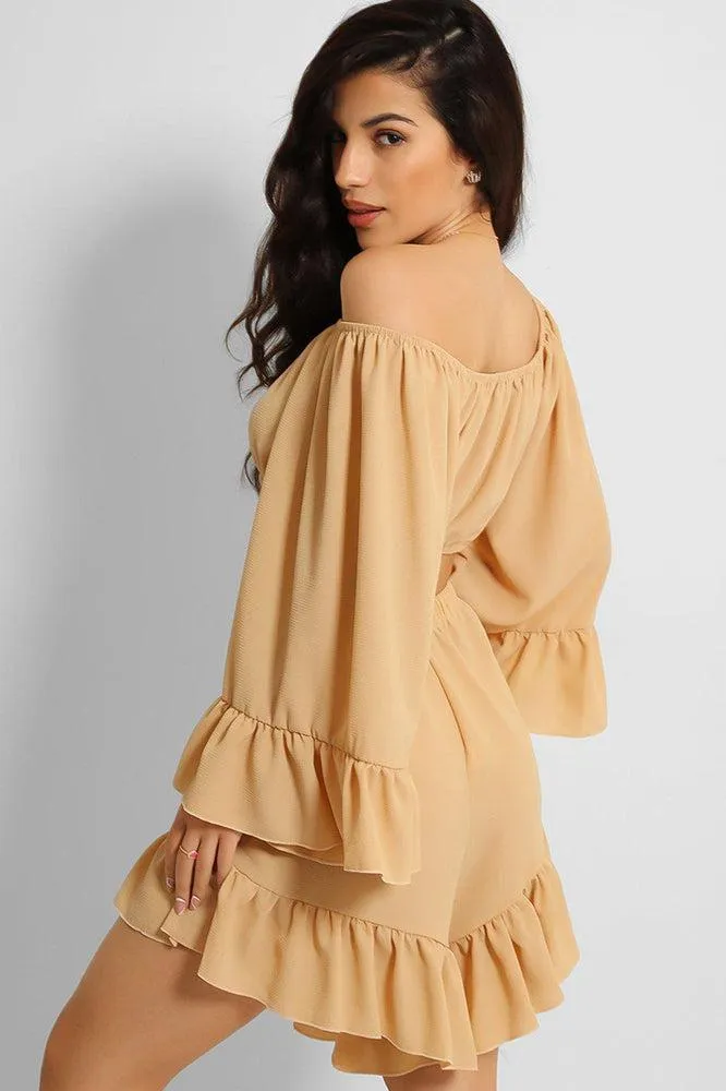 Camel Frill Trim Off Shoulder Crop Top Shorts Set