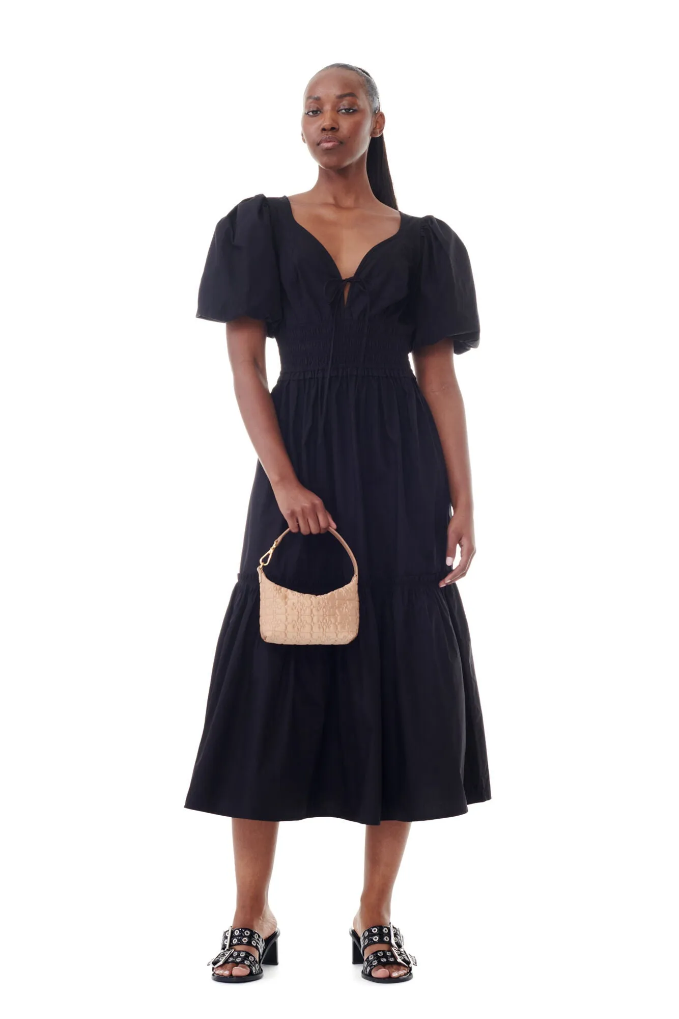 Cotton Poplin Long Smock Dress Pouf Sleeve - Black