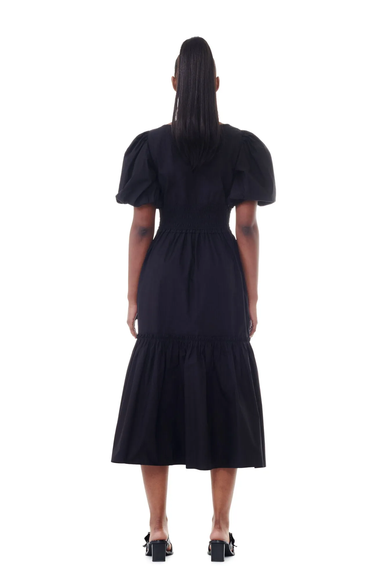 Cotton Poplin Long Smock Dress Pouf Sleeve - Black