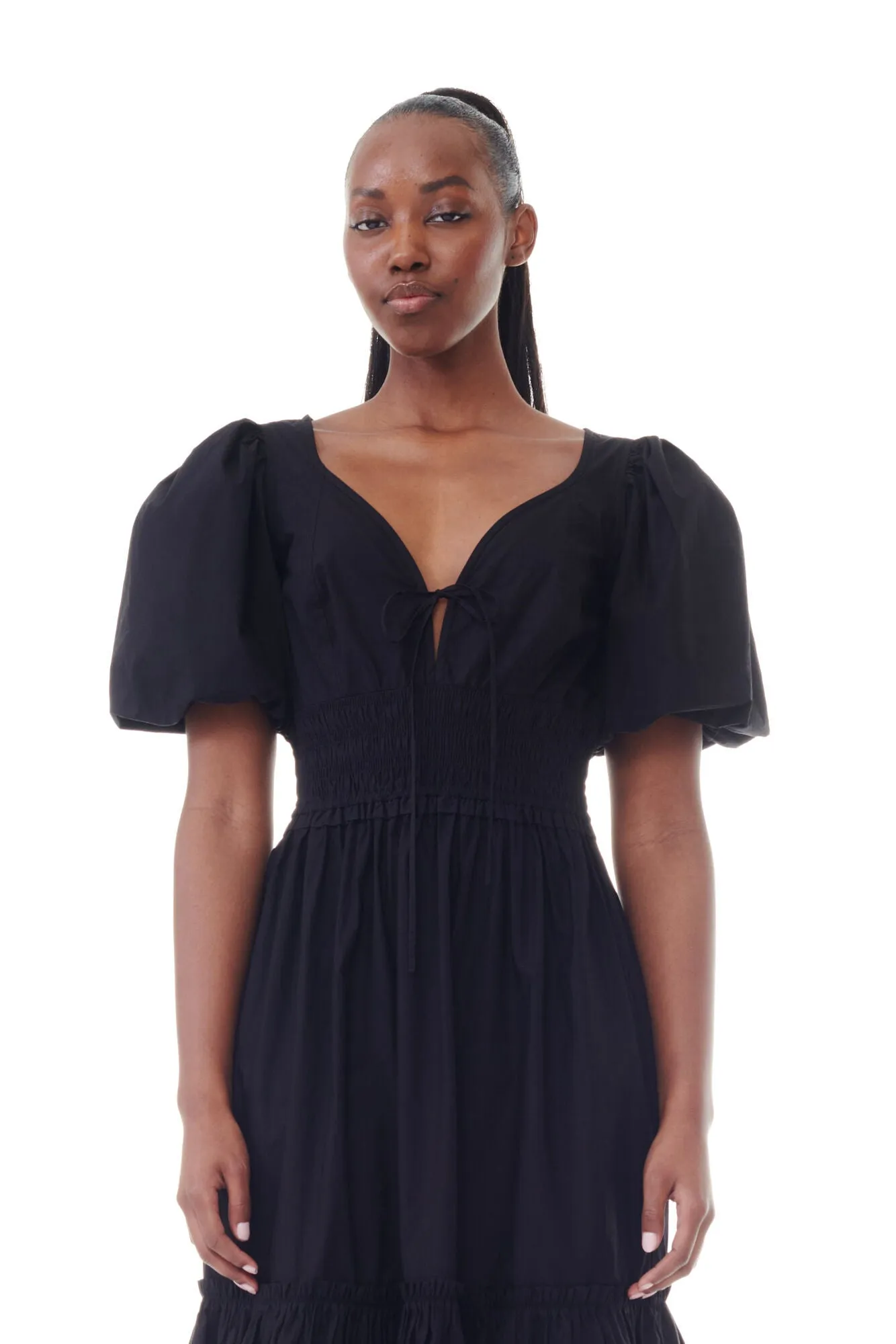 Cotton Poplin Long Smock Dress Pouf Sleeve - Black