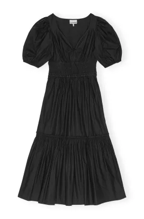 Cotton Poplin Long Smock Dress Pouf Sleeve - Black
