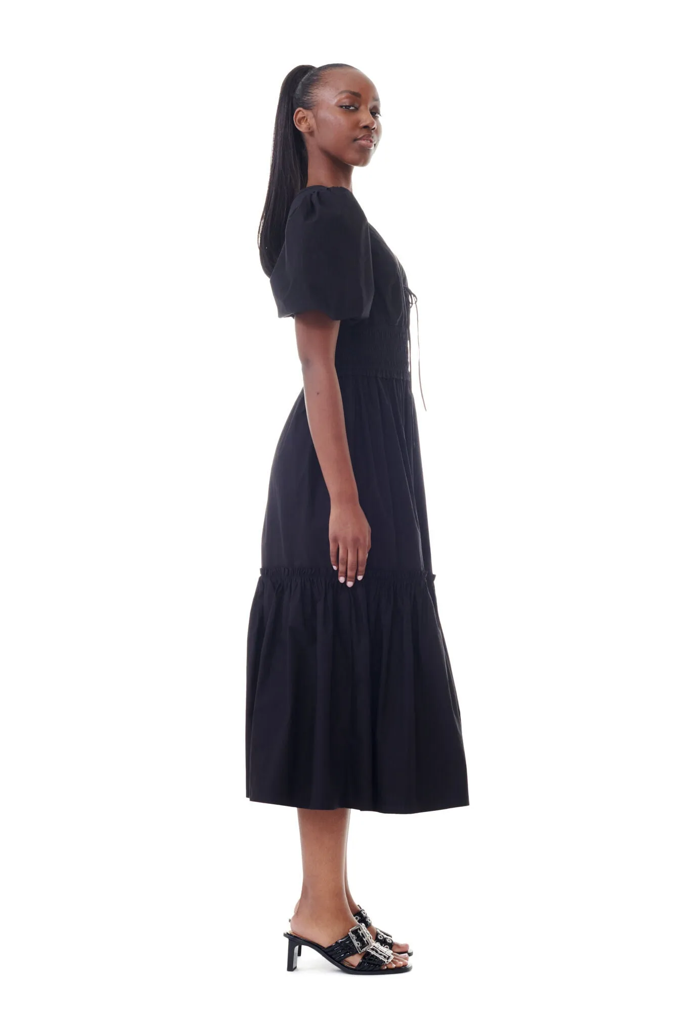 Cotton Poplin Long Smock Dress Pouf Sleeve - Black