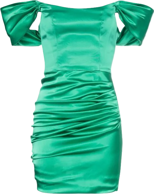 de la vali Guadalupe Off-shoulder Ruched Satin Mini Green Dress UK 6