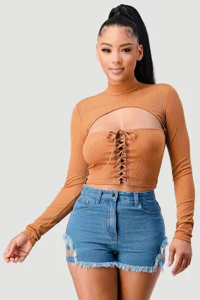 FRONT LACE-UP CUT-OUT MOCK NECK CROPPED TOP