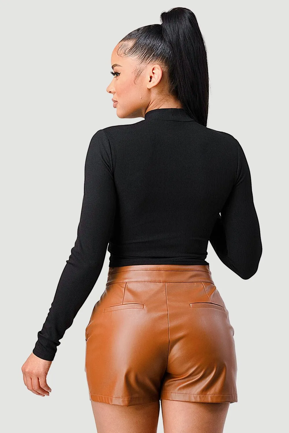 FRONT LACE-UP CUT-OUT MOCK NECK CROPPED TOP