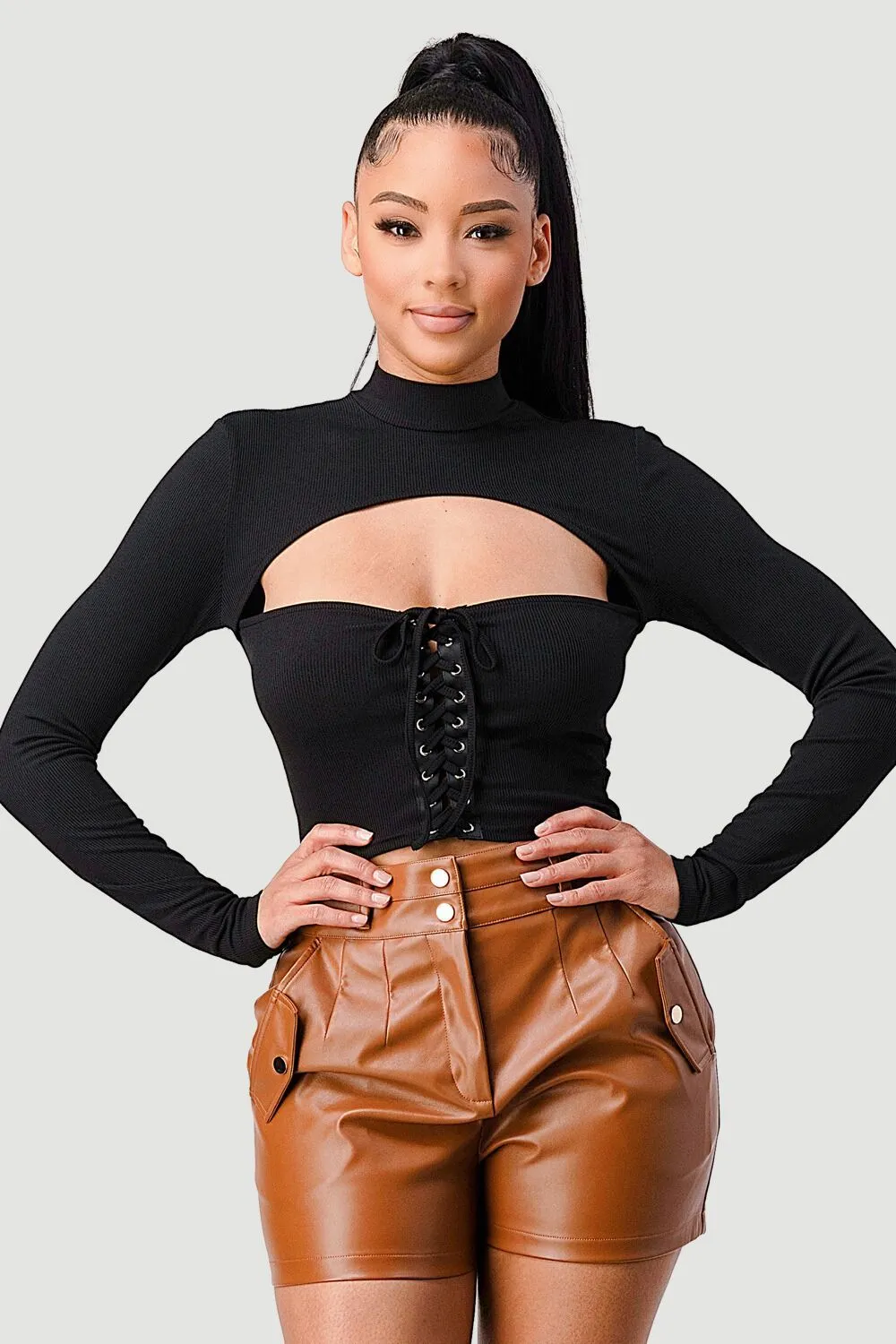 FRONT LACE-UP CUT-OUT MOCK NECK CROPPED TOP