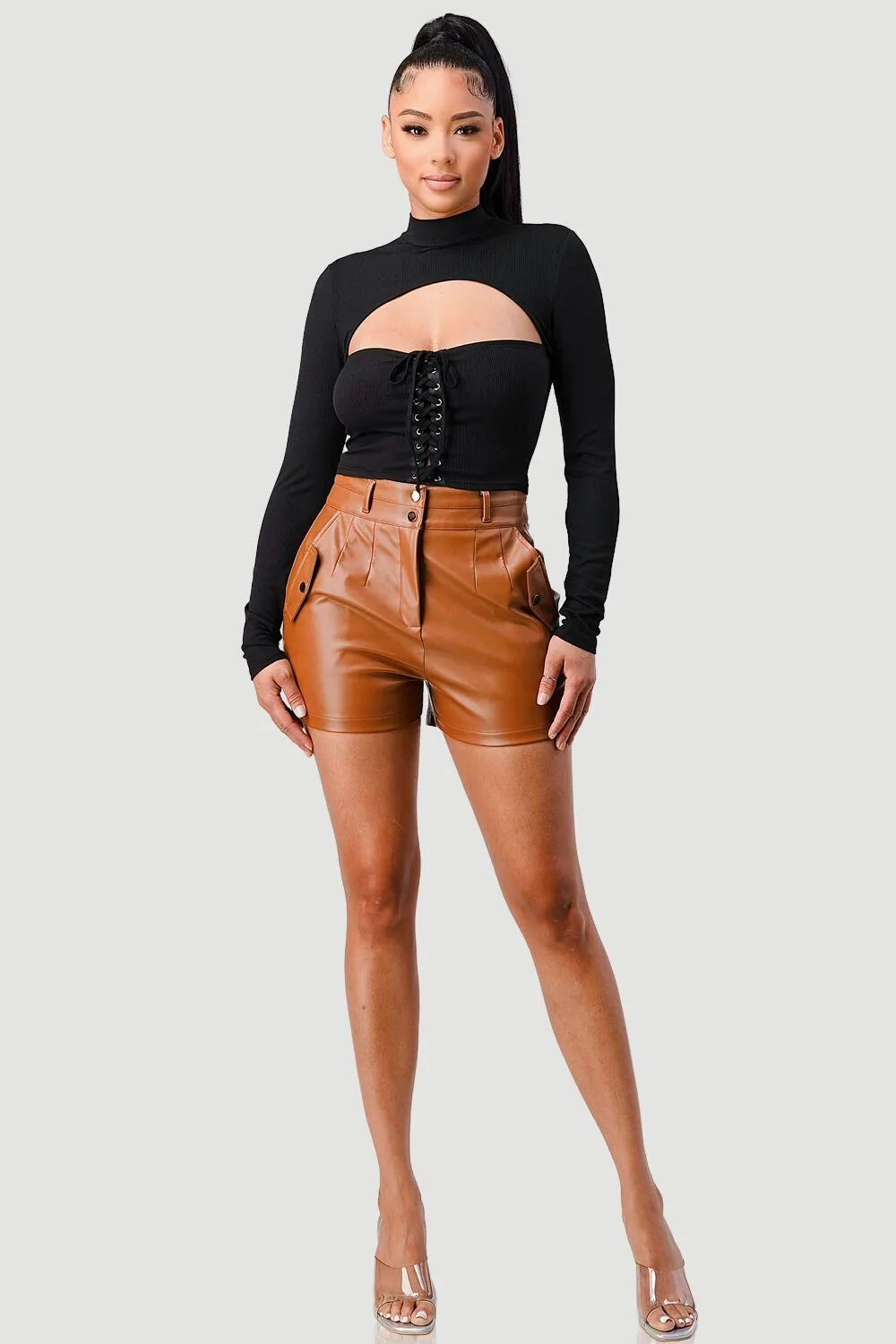 FRONT LACE-UP CUT-OUT MOCK NECK CROPPED TOP