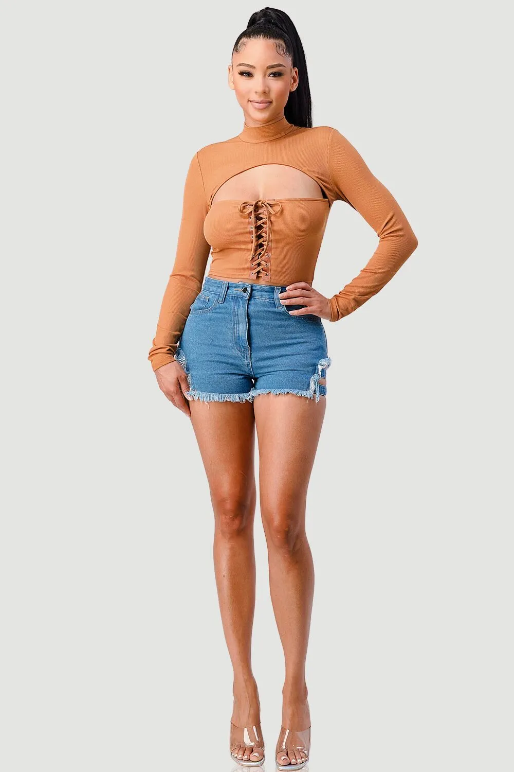 FRONT LACE-UP CUT-OUT MOCK NECK CROPPED TOP