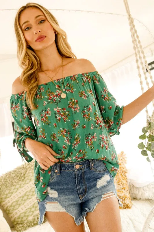 Green Floral Off-Shoulder Top