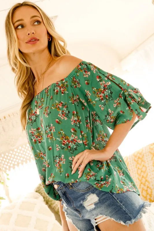 Green Floral Off-Shoulder Top