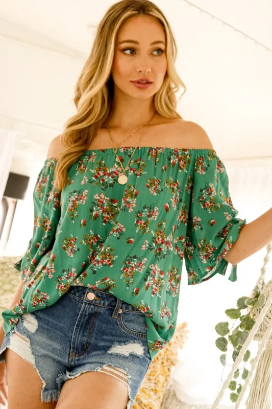 Green Floral Off-Shoulder Top