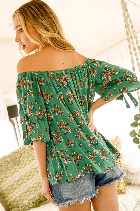 Green Floral Off-Shoulder Top