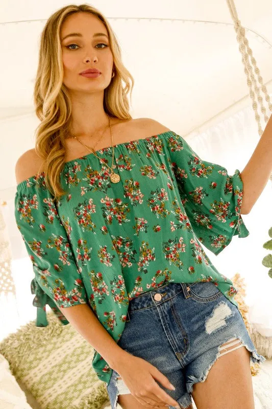Green Floral Off-Shoulder Top