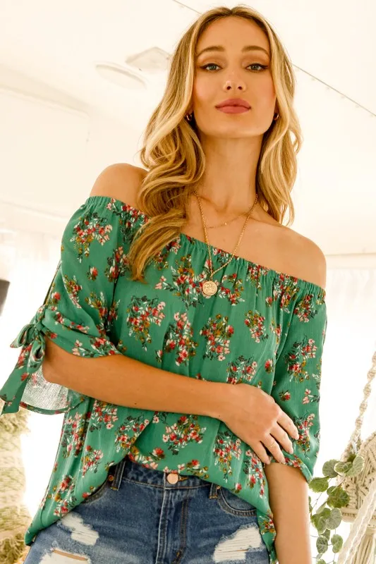 Green Floral Off-Shoulder Top