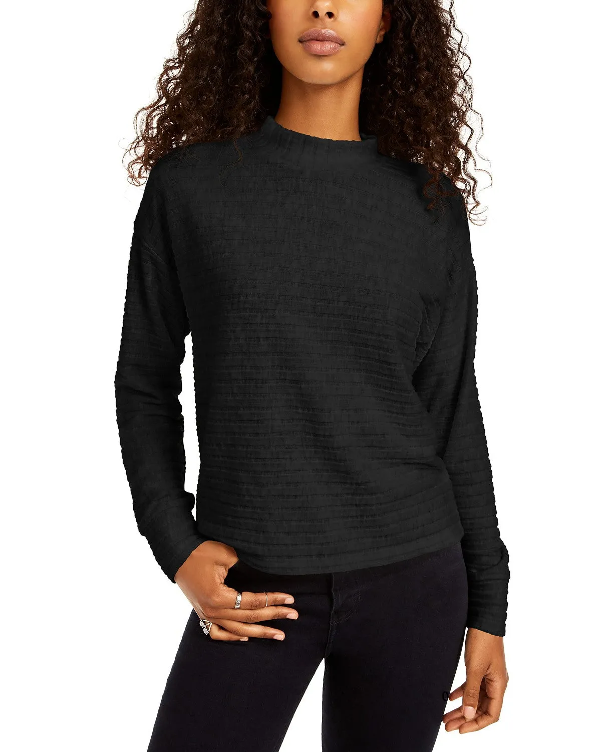 Hippie Rose Juniors' Cozy Mock-Neck Ribbed Top Black Size Large