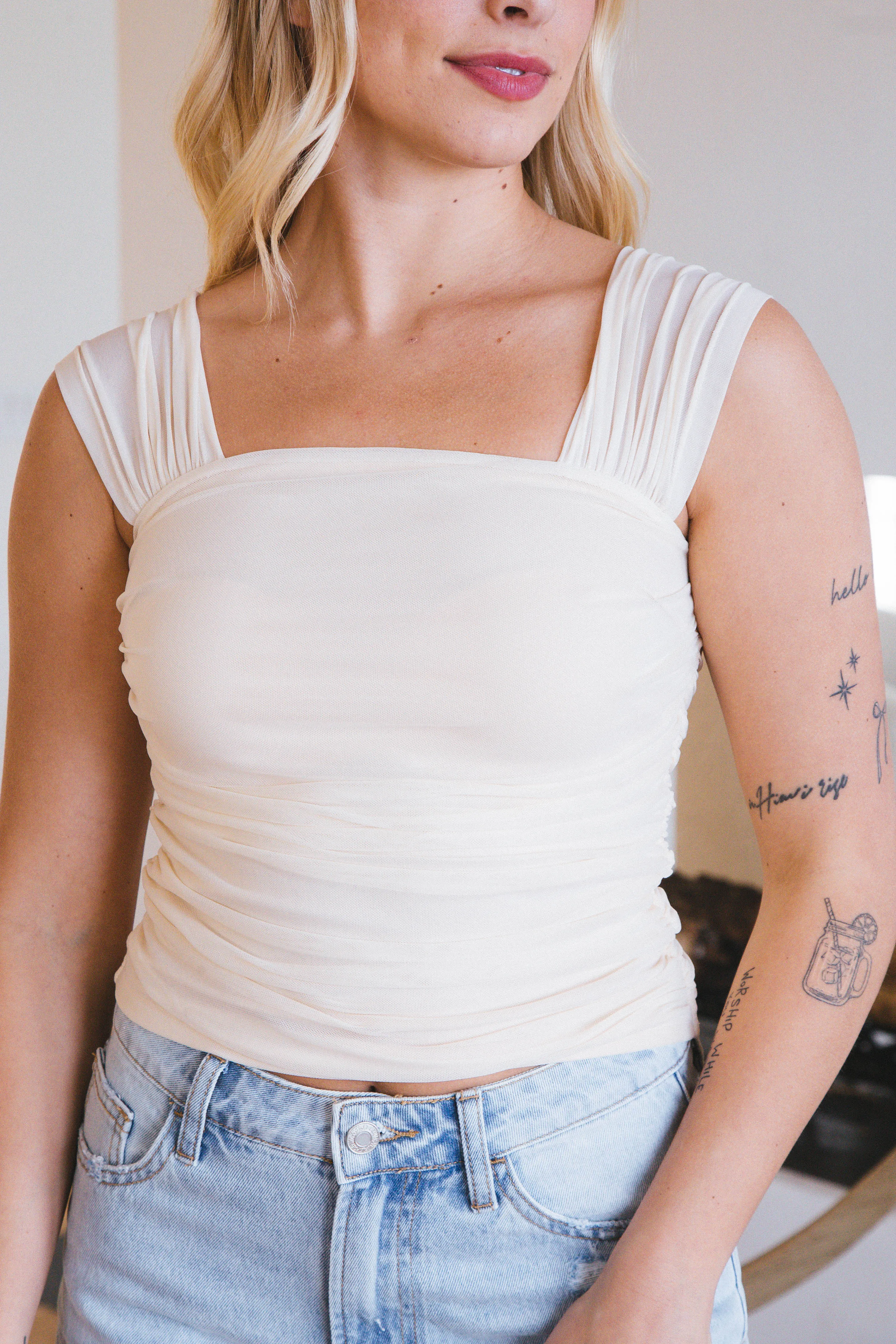 Liliana Sleeveless Ruched Mesh Top, Cream