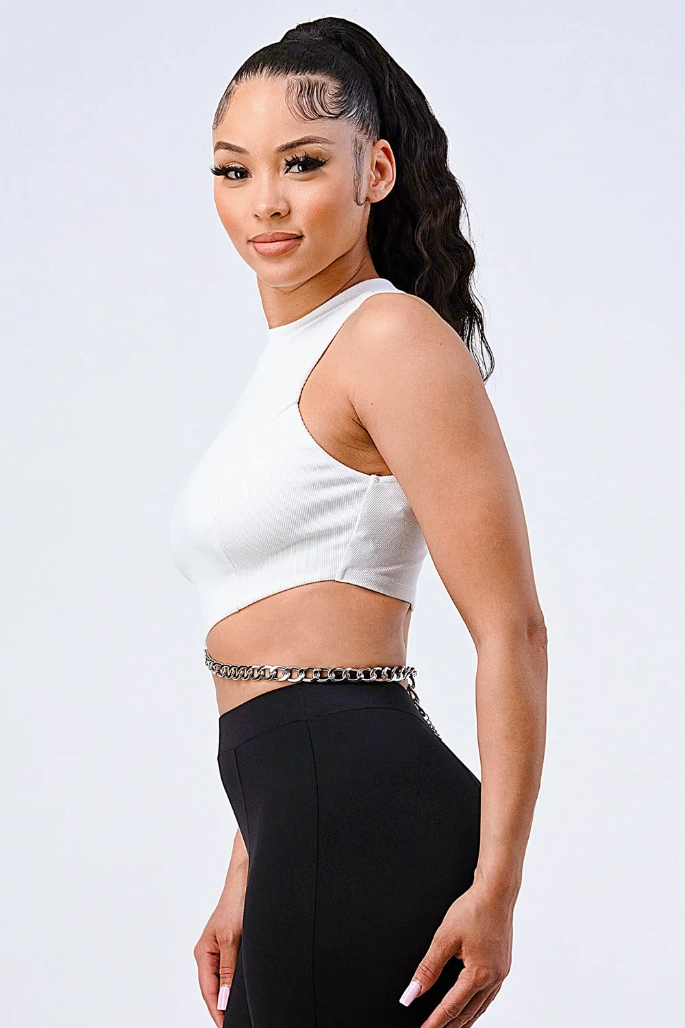 LUXE CHAIN WAIST DETAIL MOCK NECK CROP TOP