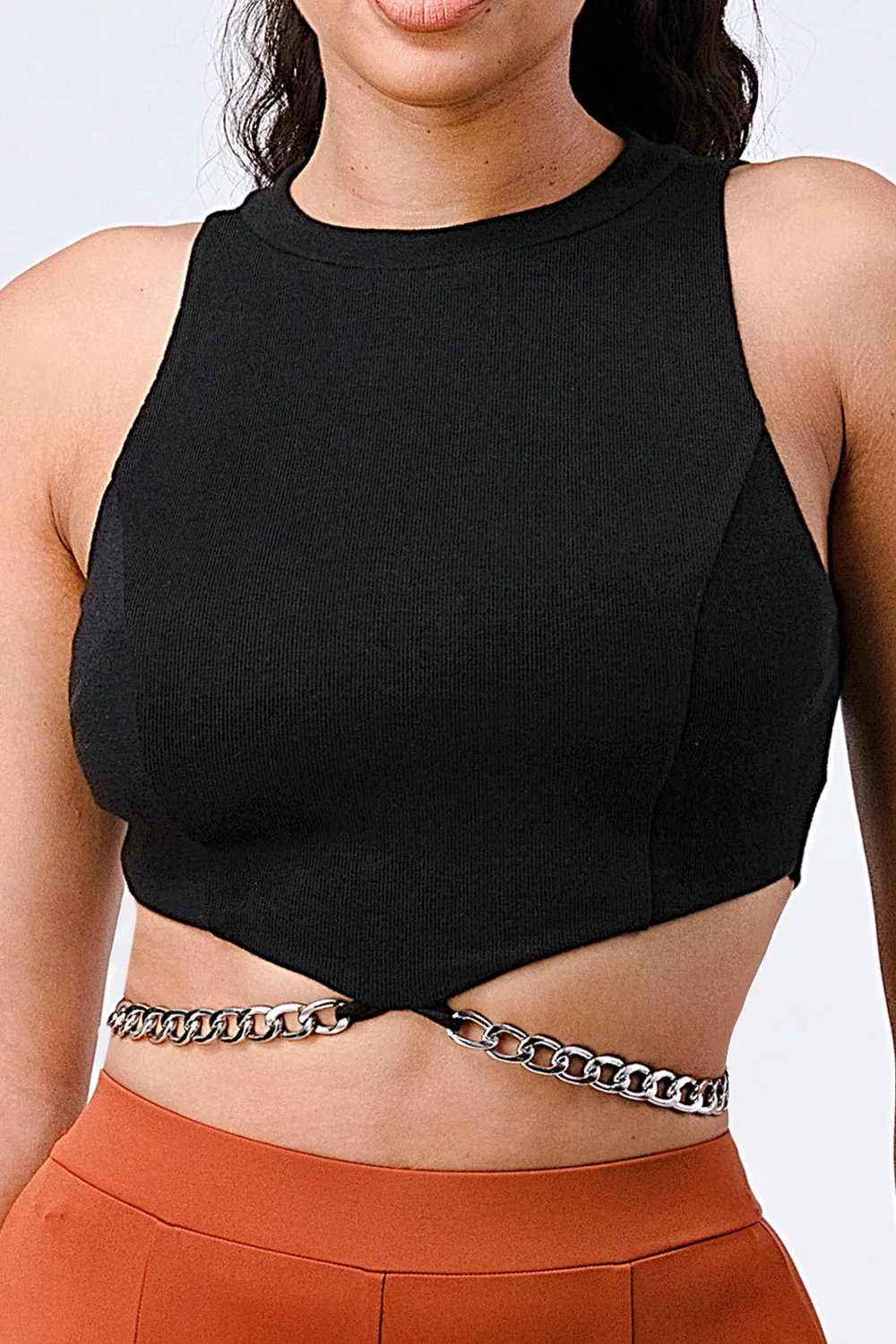LUXE CHAIN WAIST DETAIL MOCK NECK CROP TOP