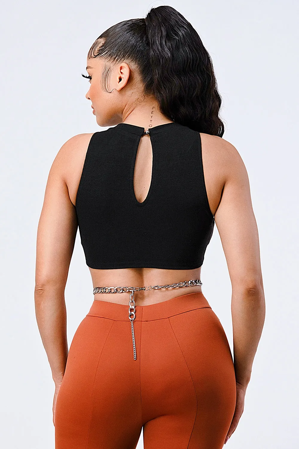 LUXE CHAIN WAIST DETAIL MOCK NECK CROP TOP