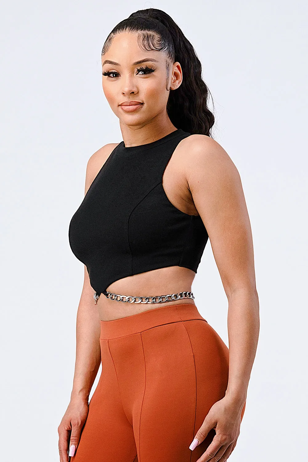 LUXE CHAIN WAIST DETAIL MOCK NECK CROP TOP