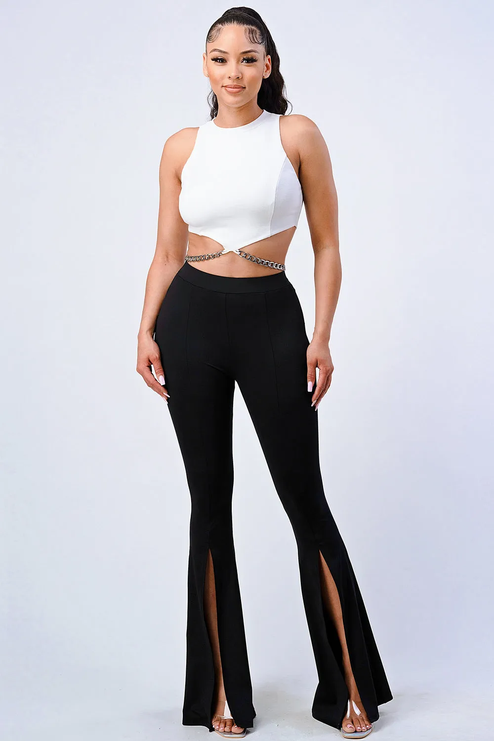 LUXE CHAIN WAIST DETAIL MOCK NECK CROP TOP