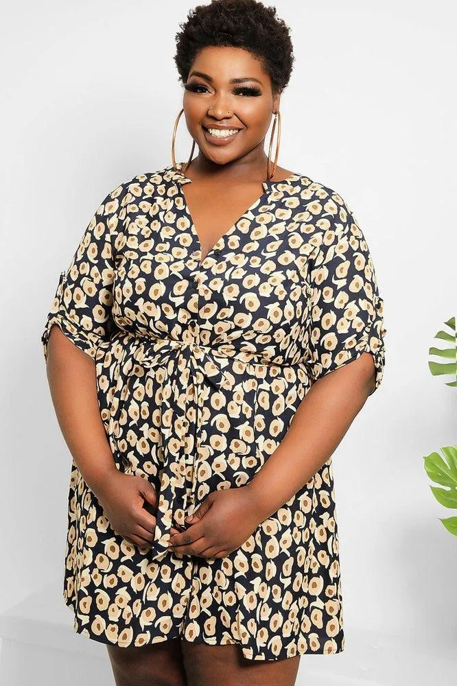 Navy Beige Spotted Print Shirt Dress