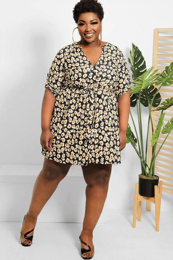 Navy Beige Spotted Print Shirt Dress