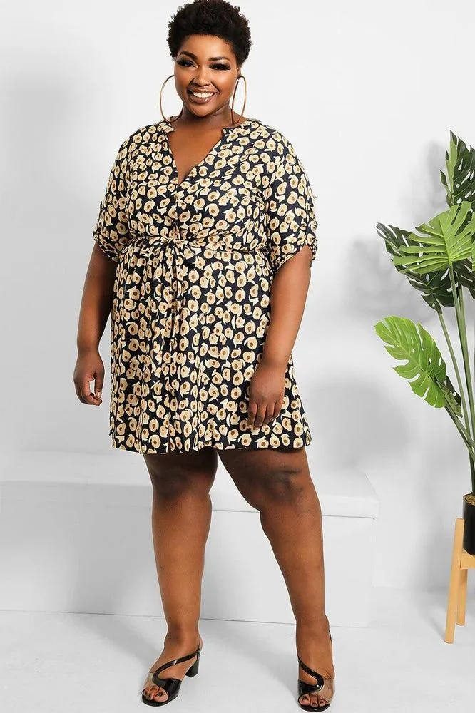 Navy Beige Spotted Print Shirt Dress