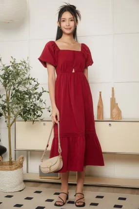 Origami Pleat Pouf Sleeve Dress in Red