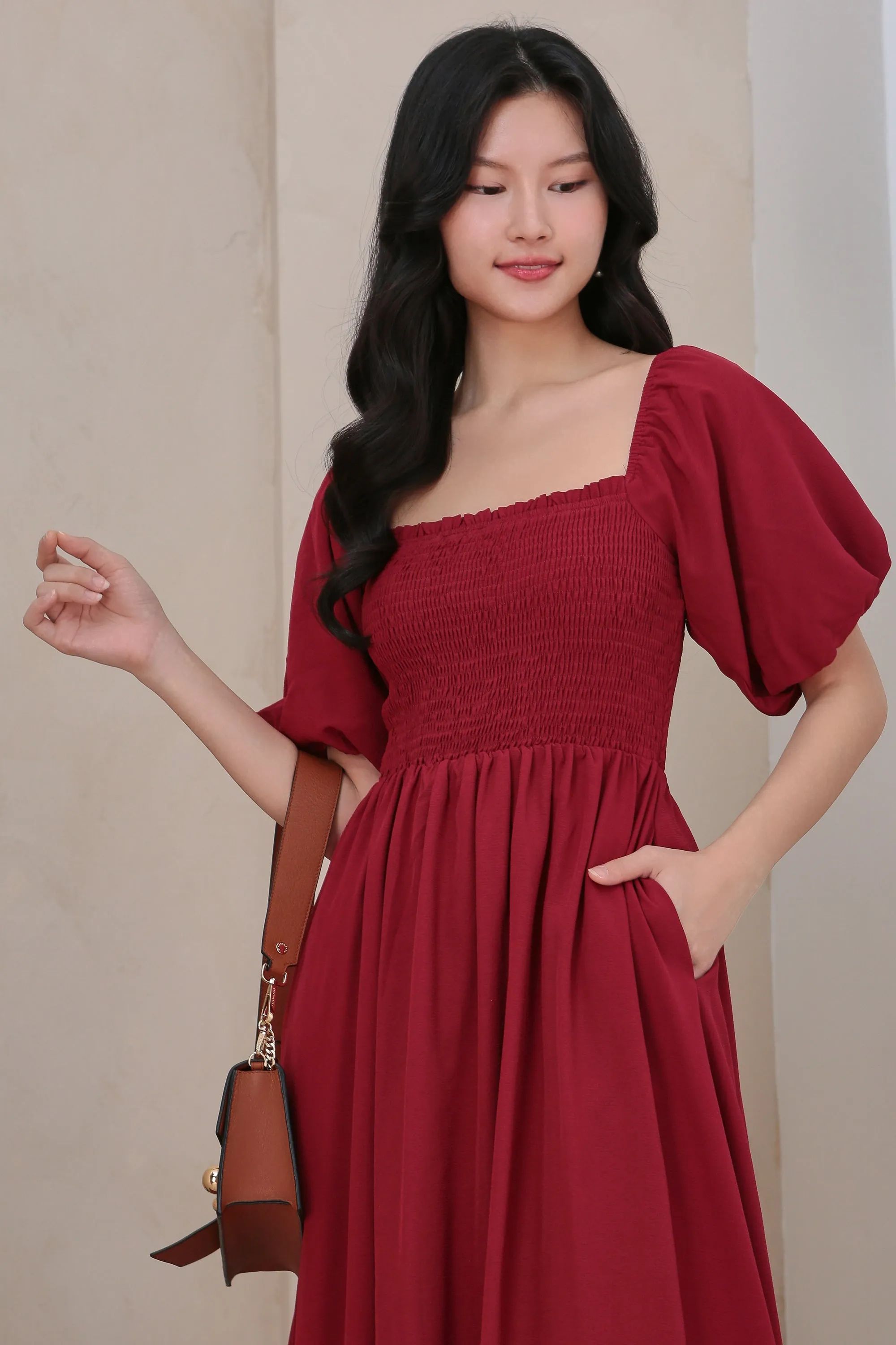 Pouf Sleeves Smocked Dress in Deep Wine
