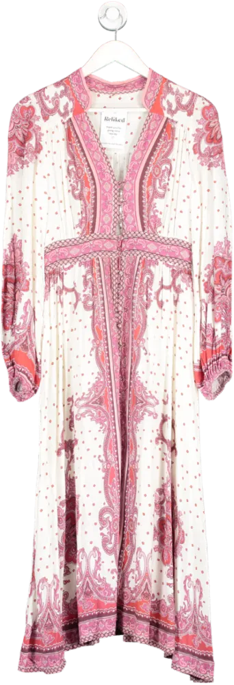 White Linen Blend Paisley Print Dress UK S